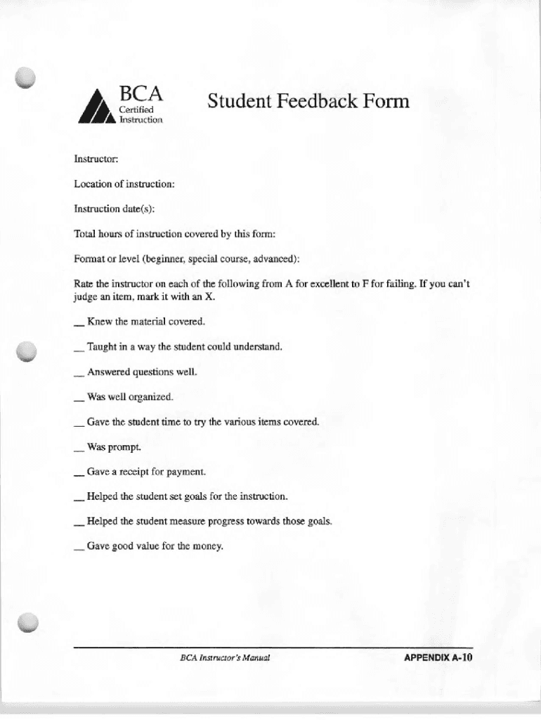 Fillable Online billiards colostate BCA Student Feedback Form Fax Email