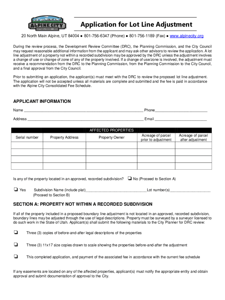 Fillable Online Application for Lot Line Adjustment Fax Email Print
