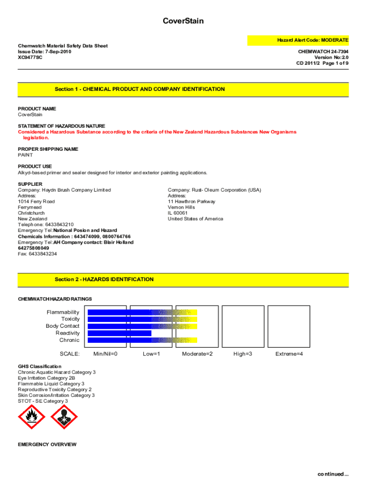 Fillable Online Zinsser Cover Stain Primer Sealer SAFETY DATA SHEET