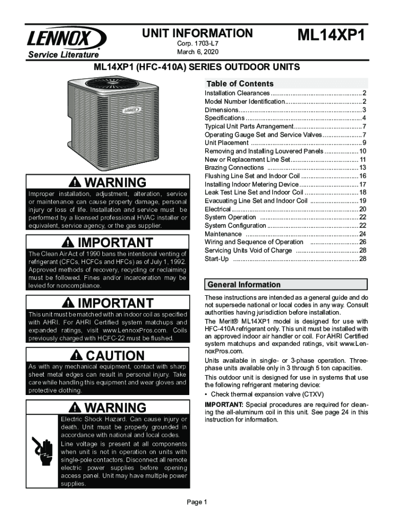 Fillable Online LENNOX ML14XP1 AirSource Unitary Heat Pumps User Guide
