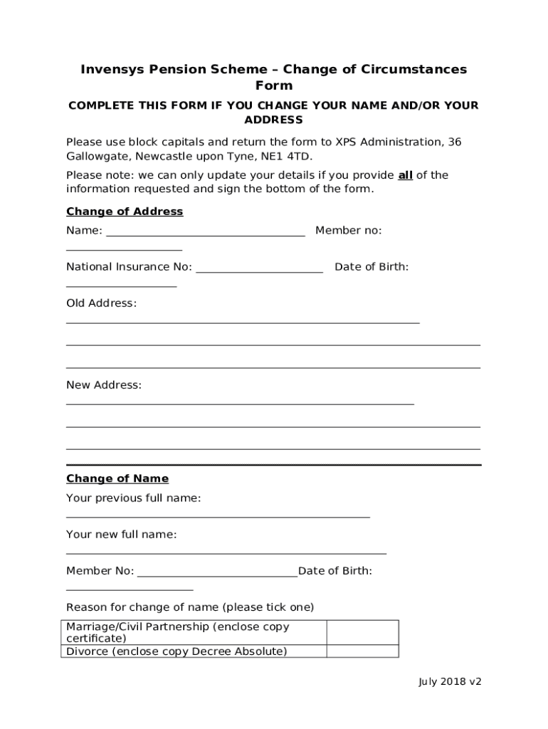 Invensys pension schemechange of circumstances doc template pdffiller
