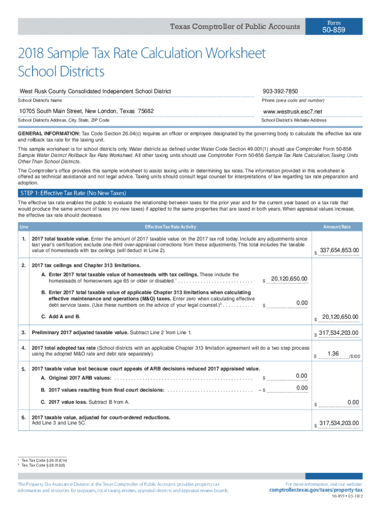 Fillable Online 2018 Sample Tax Rate Calculation Worksheet Taxing
