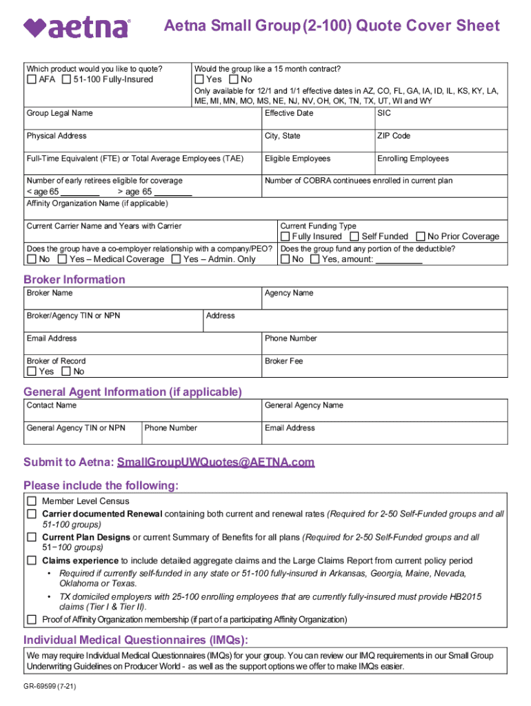 Fillable Online Aetna Small Group (2100) Quote Cover Sheet. Accessible