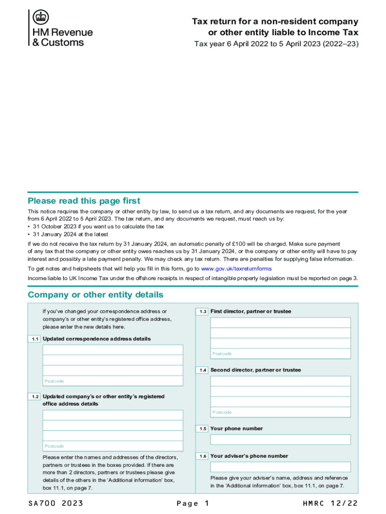 Tax return for a non-resident company liable to Income Tax (2023) Use SA700(2023) to file a tax retu Preview on Page 1