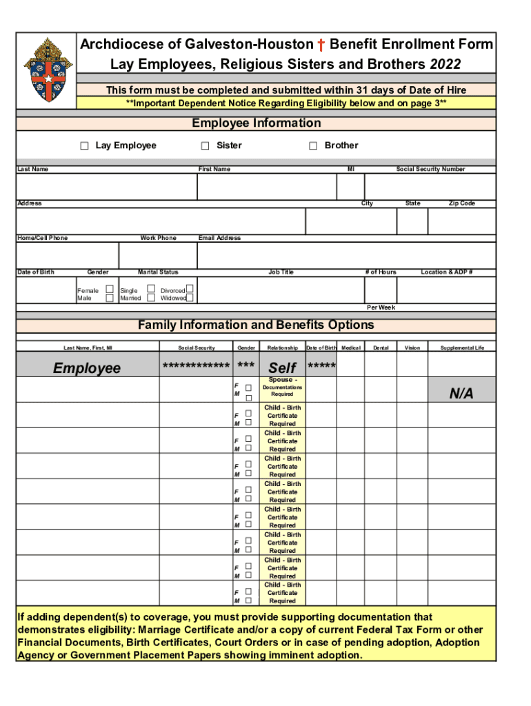 Fillable Online Archdiocese of GalvestonHouston Benefit Enrollment