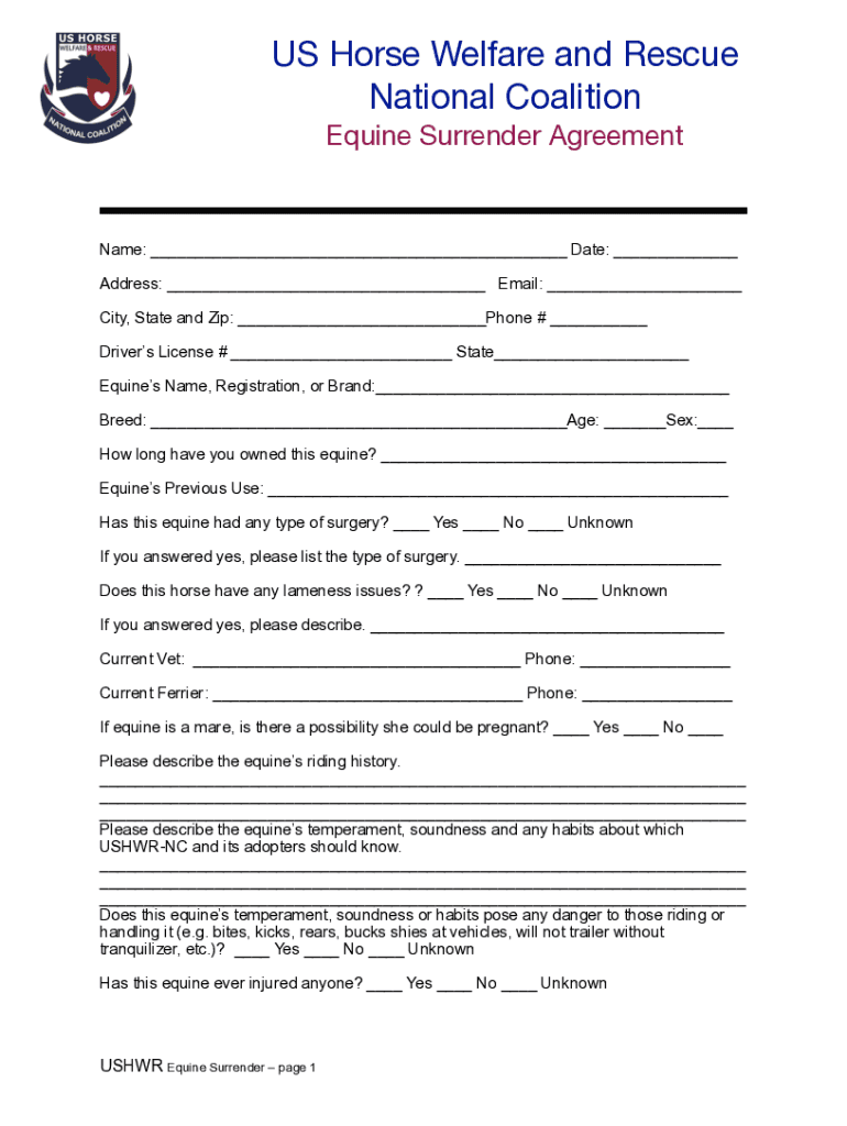 Horse Surrender Form - Fill Online, Printable, Fillable, Blank Preview on Page 1