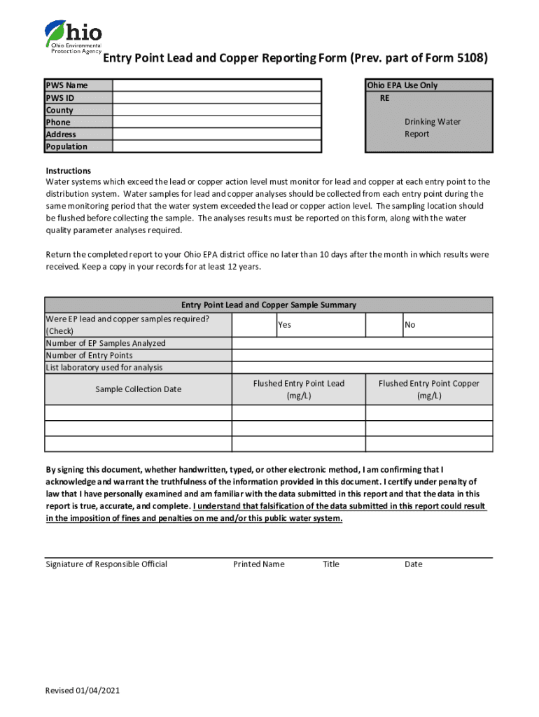 Fillable Online epa ohio Entry Point Lead and Copper Reporting Form