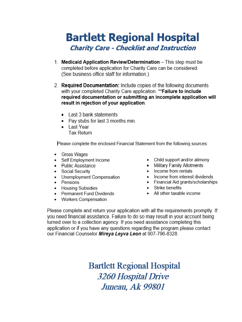 Fillable Online BARTLETT REGIONAL HOSPITAL Charity Care Application Fax ...