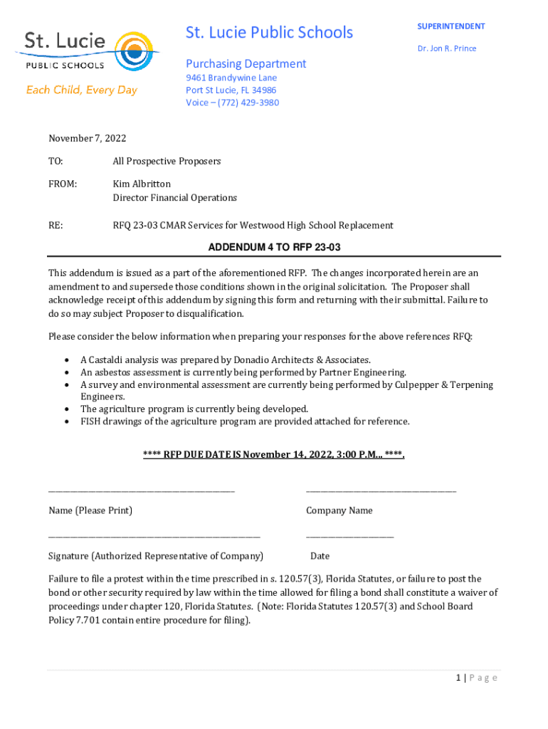 Fillable Online RFQ 2303 CMAR Services for Westwood High School