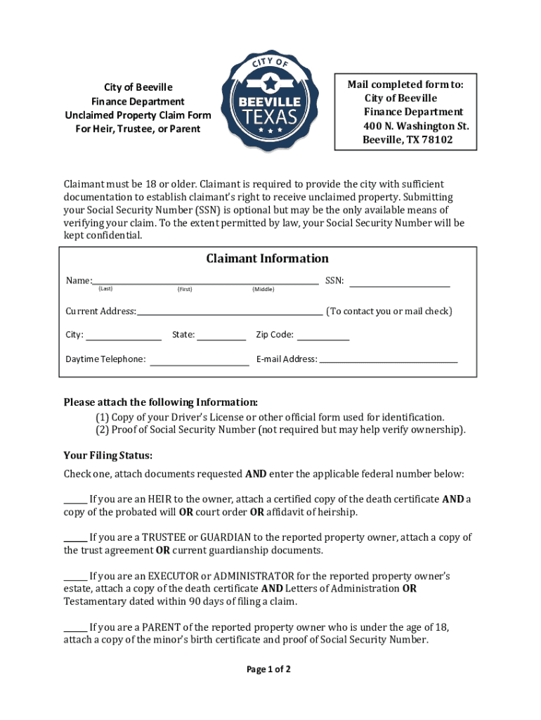 Fillable Online Unclaimed Property Claim Form Heir, Trustee, or Parent