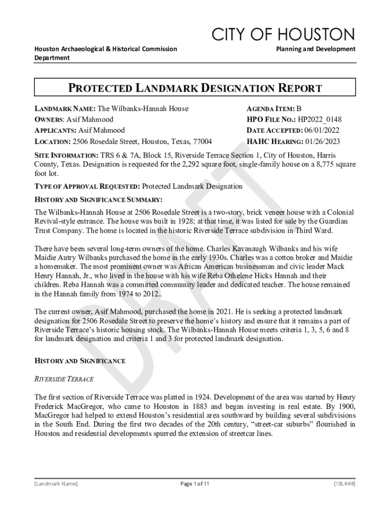 Fillable Online LANDMARK NAME The WilbanksHannah House Fax Email