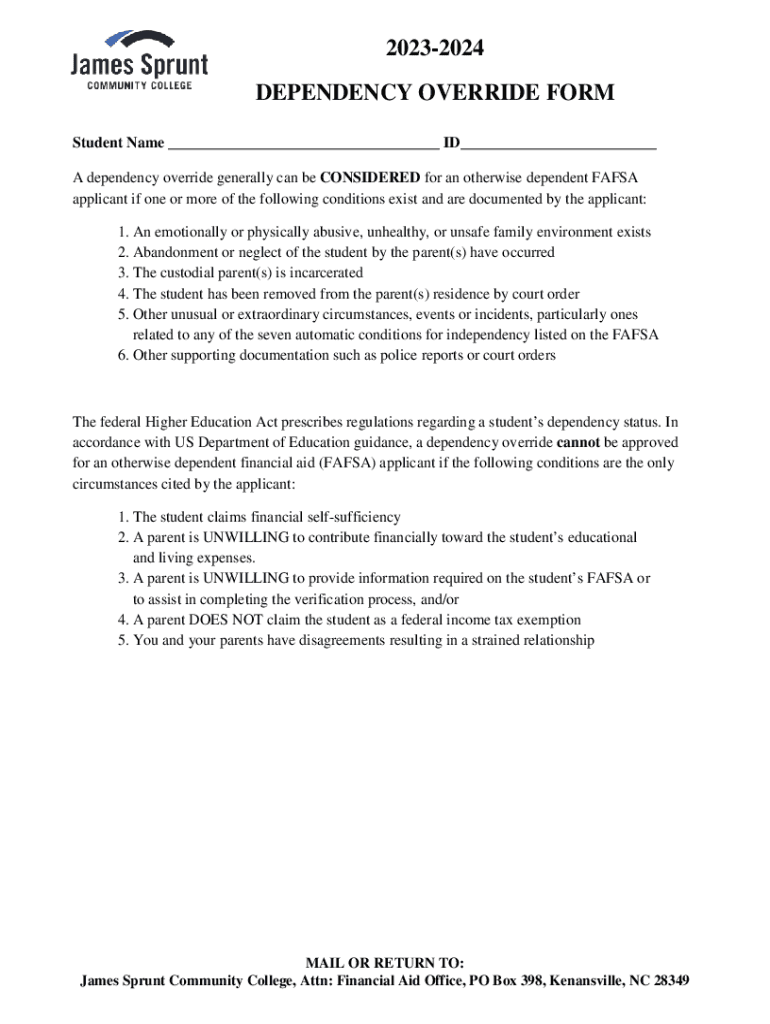 Fillable Online 20232024 DEPENDENCY OVERRIDE FORM Fax Email Print