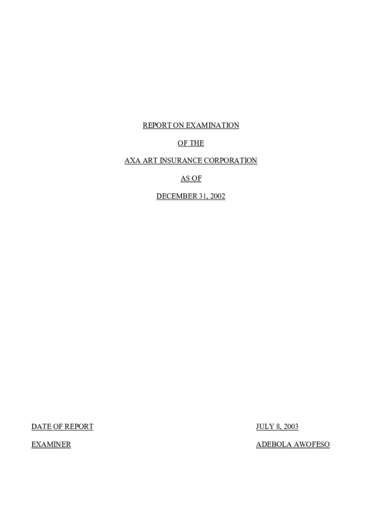 Fillable Online dfs ny report on examination of AXA art insurance