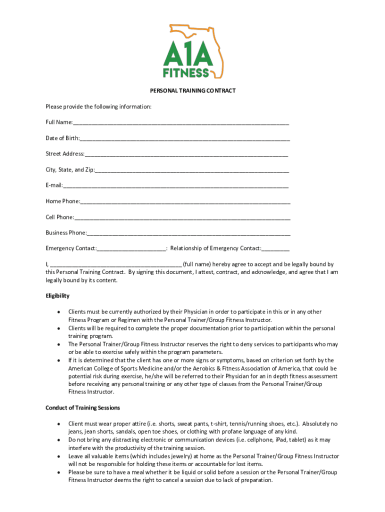 Fillable Online PERSONAL TRAINING CONTRACT Please provide the following ... Fax Email Print ...