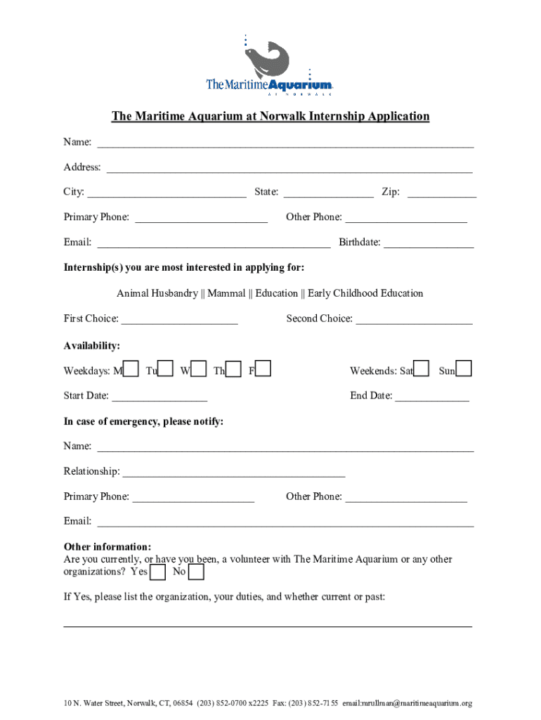 Fillable Online The Maritime Aquarium at Norwalk Internship Application