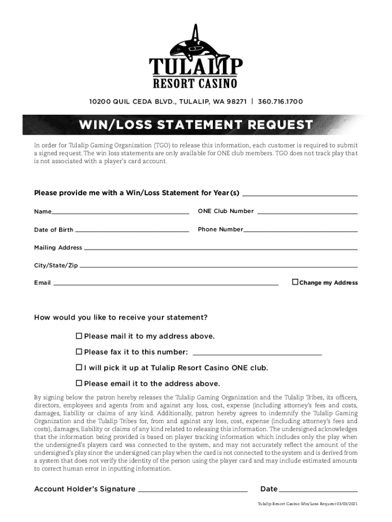 Tulalip Win Loss Statement - Fill Online, Printable, Fillable, Preview on Page 1