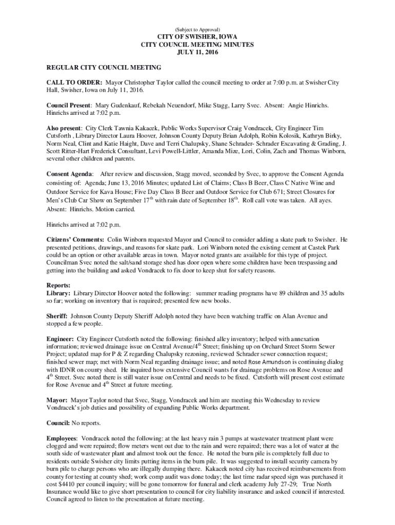 Fillable Online Fillable Online swisheria at Swisher City Hall Fax