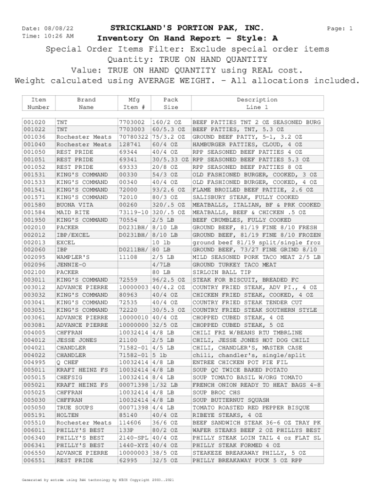 Fillable Online STRICKLAND'S PORTION PAK, INC. Inventory On Hand Report Fax Email Print