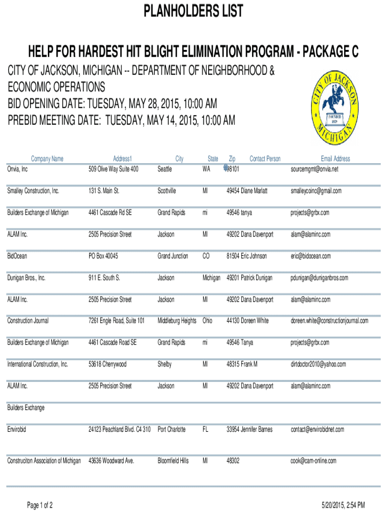 Fillable Online planholders list for Help For Hardest Hit Blight