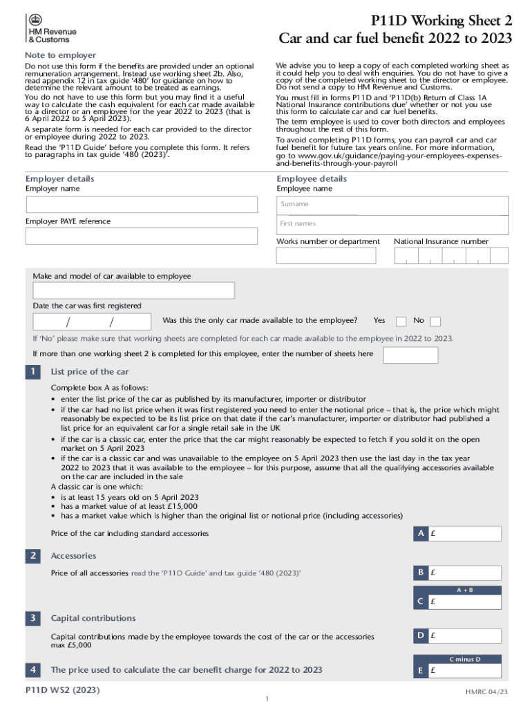 P11D Working Sheet 2 Car and car fuel benefit 2022 to 2023 - GOV Preview on Page 1