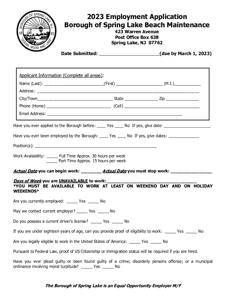 Fillable Online 2023 Employment Application Beach Department Fax