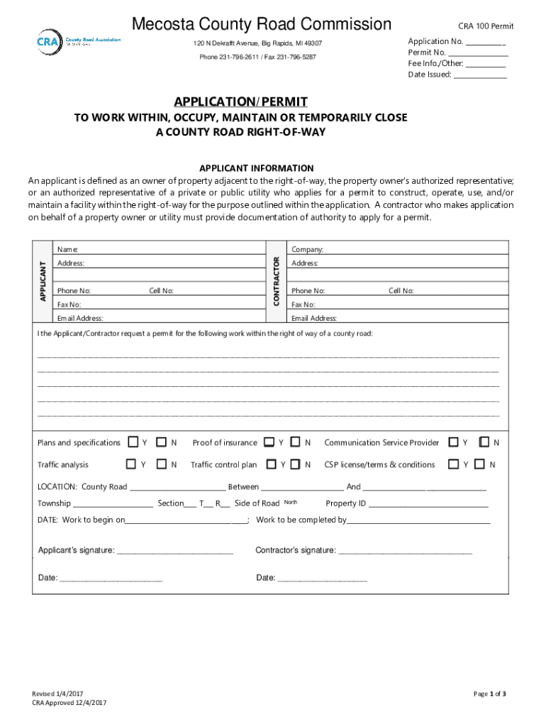 Fillable Online Mecosta County Road Commission 120 N. Dekraft Ave
