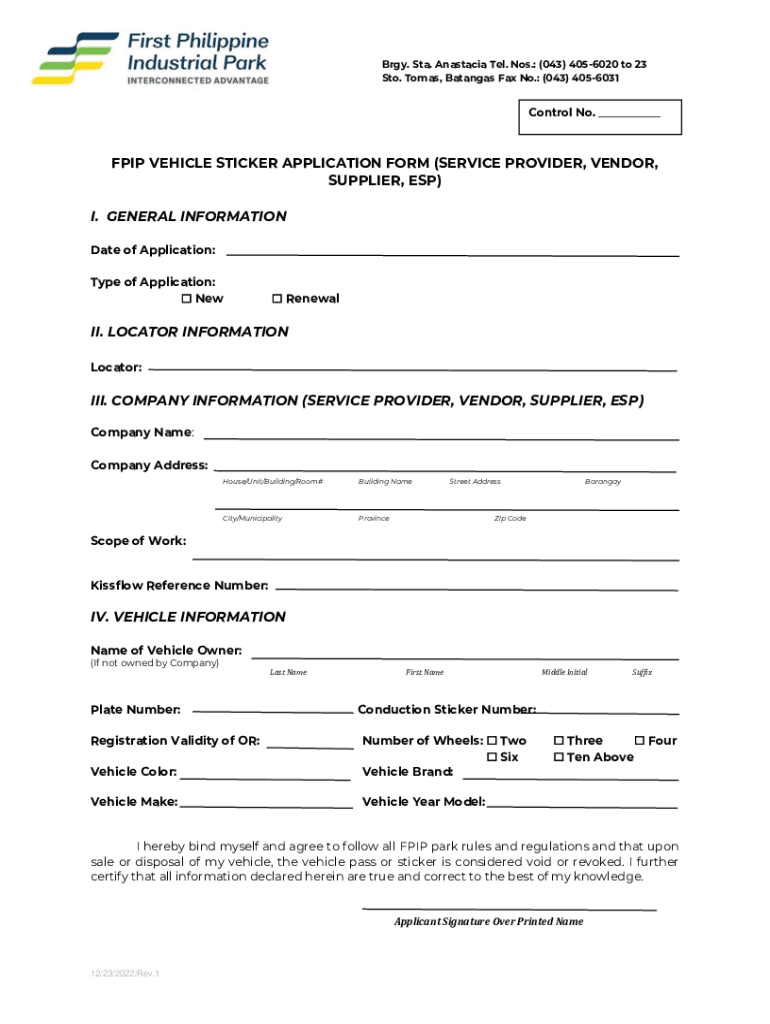 Fillable Online fpip vehicle sticker application form (service provider