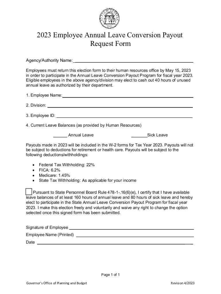 Fillable Online Opb Georgia 2023 Employee Annual Leave Conversion