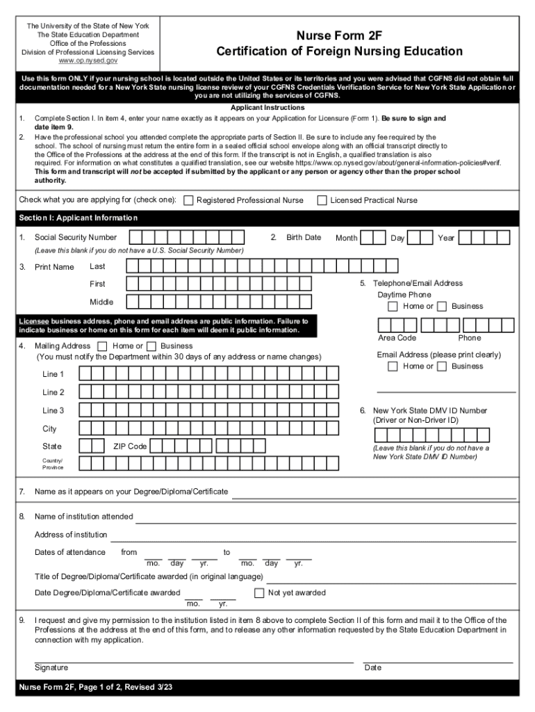 Nurse Form 2 Certification of Foreign Nursing Education Preview on Page 1