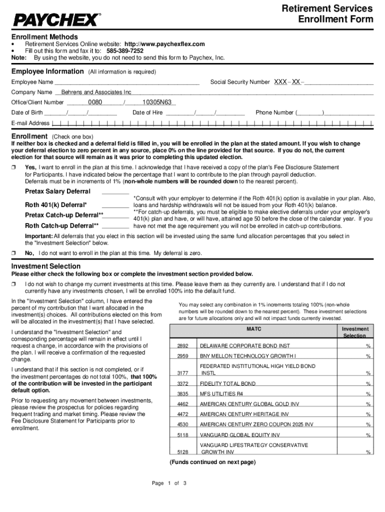 Fillable Online Paychex 401k enrollment form Fax Email Print pdfFiller