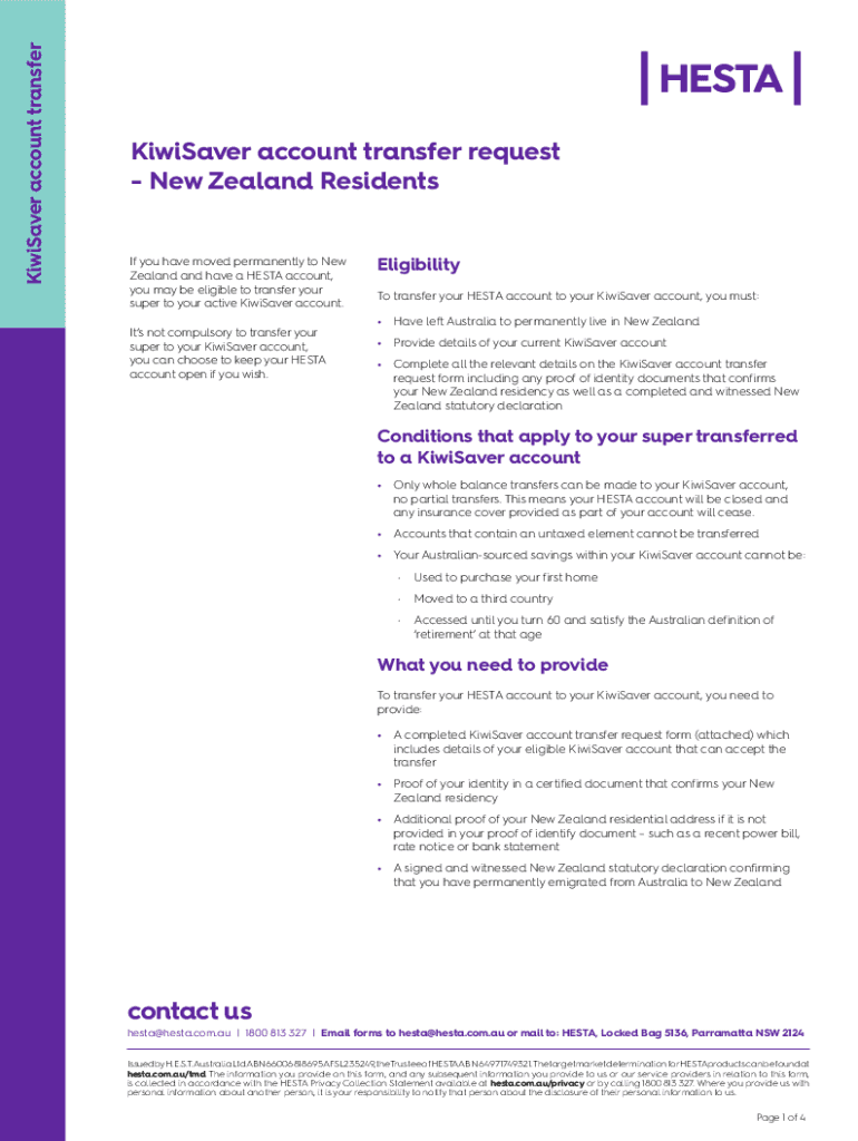 Fillable Online KiwiSaveraccounttransferrequestform. Transfer your HESTA account to your