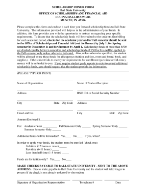 Fillable Online SCHOLARSHIP DONOR FORM Ball State University ... Fax ...