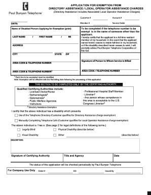 Directory Assistance Exemption Application