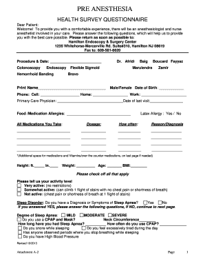 Pre Anesthesia Health Survey Questionnaire