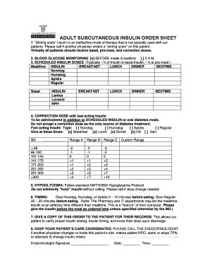 Adult Subcutaneous Insulin Order Sheet