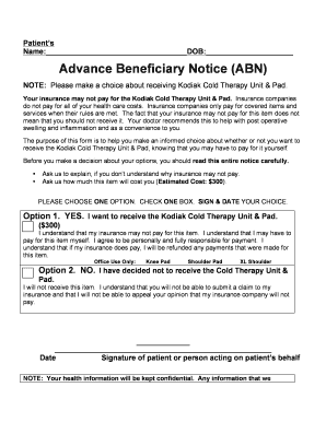 Advance Beneficiary Notice for Kodiak Cold Therapy Unit