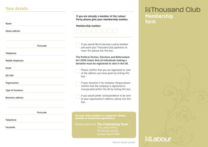 Labour Party Thousand Club Membership Application