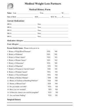 Medical Weight Loss Partners Medical History Form