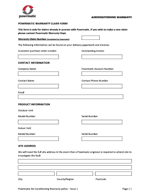 Powrmatic Air Conditioning Warranty Claim Form