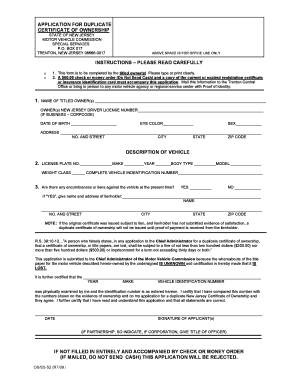 New Jersey Duplicate Certificate of Ownership Application