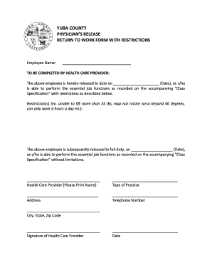 Yuba County Physician's Release Return to Work Form