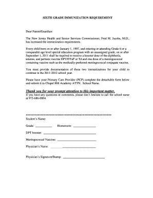 New Jersey Sixth Grade Immunization Requirement Form