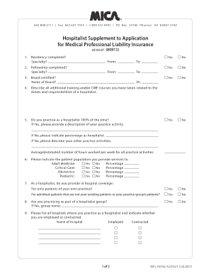 Hospitalist Supplement to Application for Medical Professional Liability Insurance