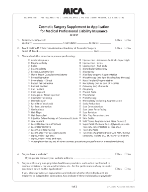 Cosmetic Surgery Supplement to Application for Medical Professional Liability Insurance