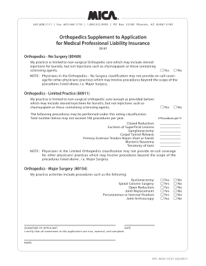 Orthopedics Supplement to Medical Professional Liability Insurance Application