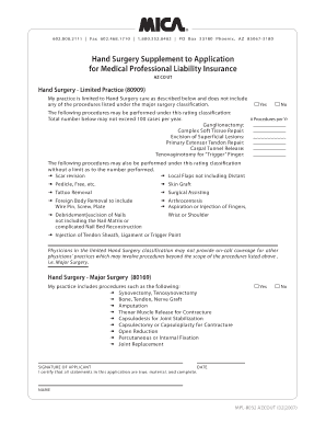 Hand Surgery Supplement to Application for Medical Professional Liability Insurance