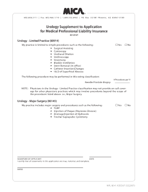 Urology Supplement to Application for Medical Professional Liability Insurance