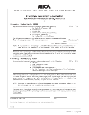 Gynecology Supplement to Application for Medical Professional Liability Insurance