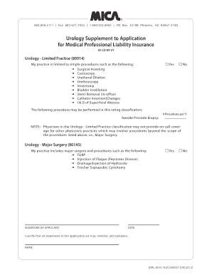Urology Supplement to Application for Medical Professional Liability Insurance