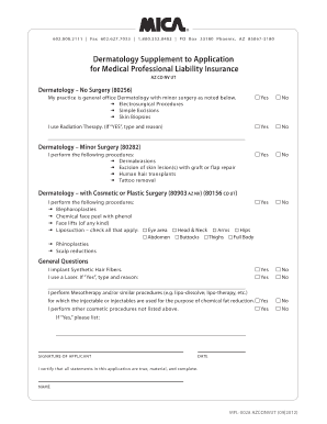 Dermatology Supplement to Medical Professional Liability Insurance Application
